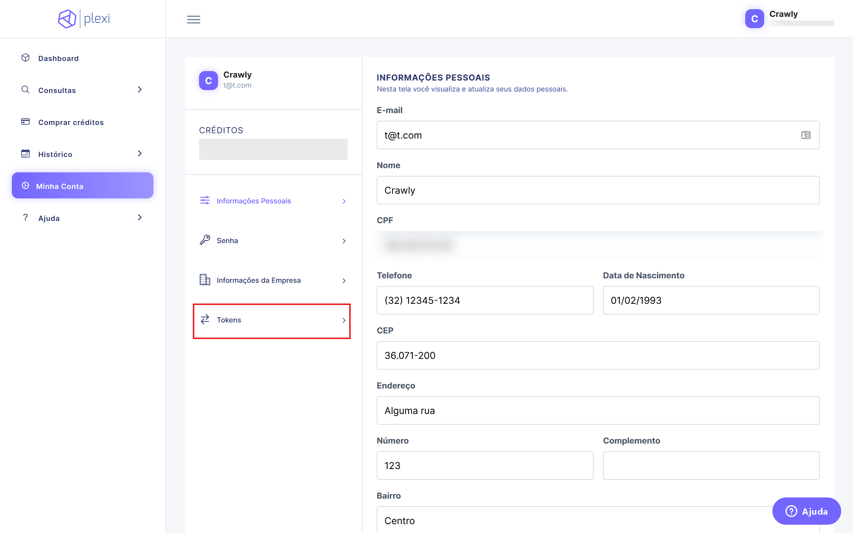 Tela Minha Conta com a opção Tokens destacada
