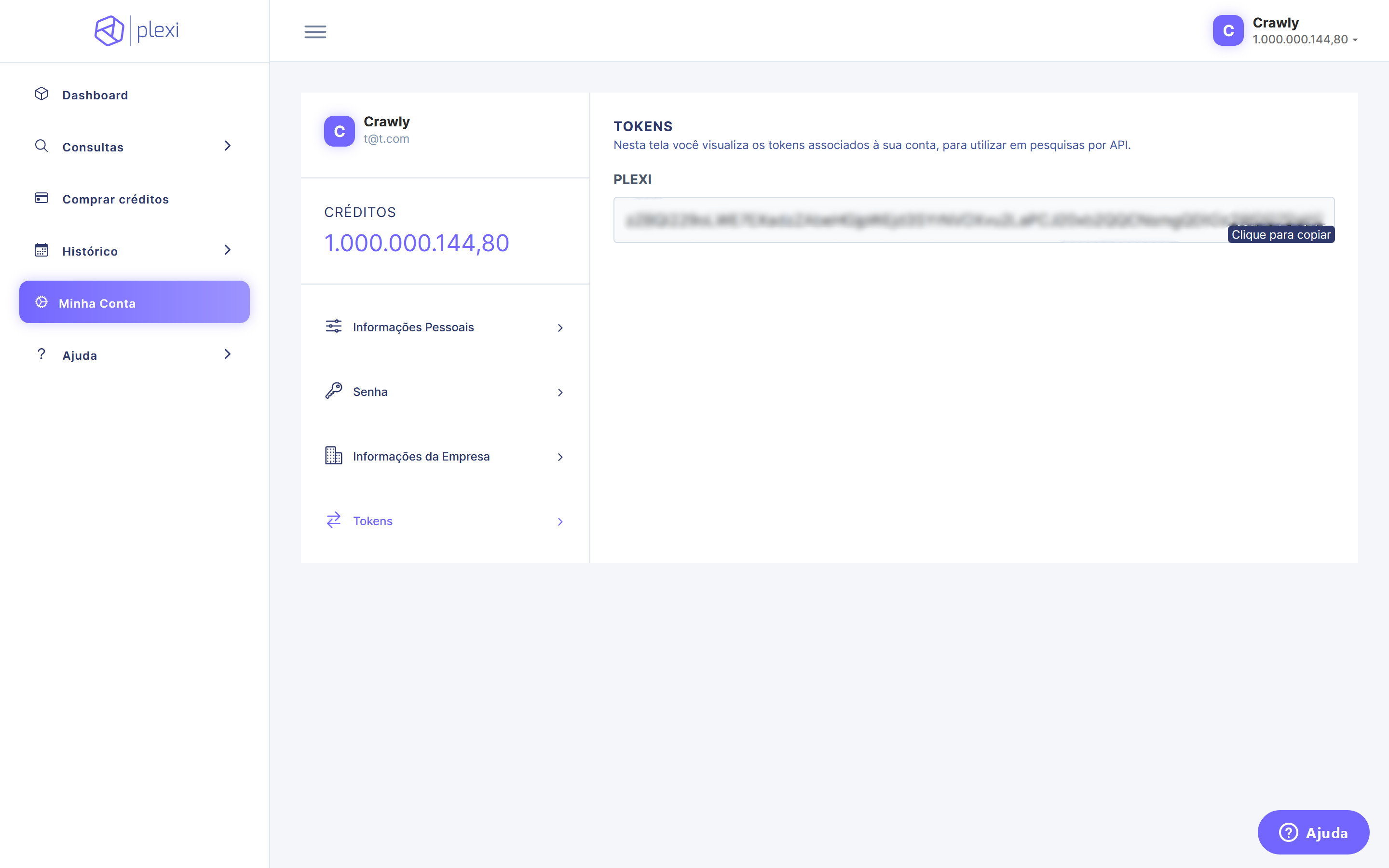 Tela de Tokens exibindo a chave da API para copiar