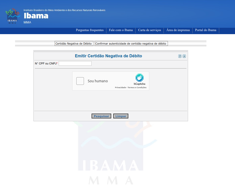 Formulário Emitir Certidão Negativa de Débito do Ibama